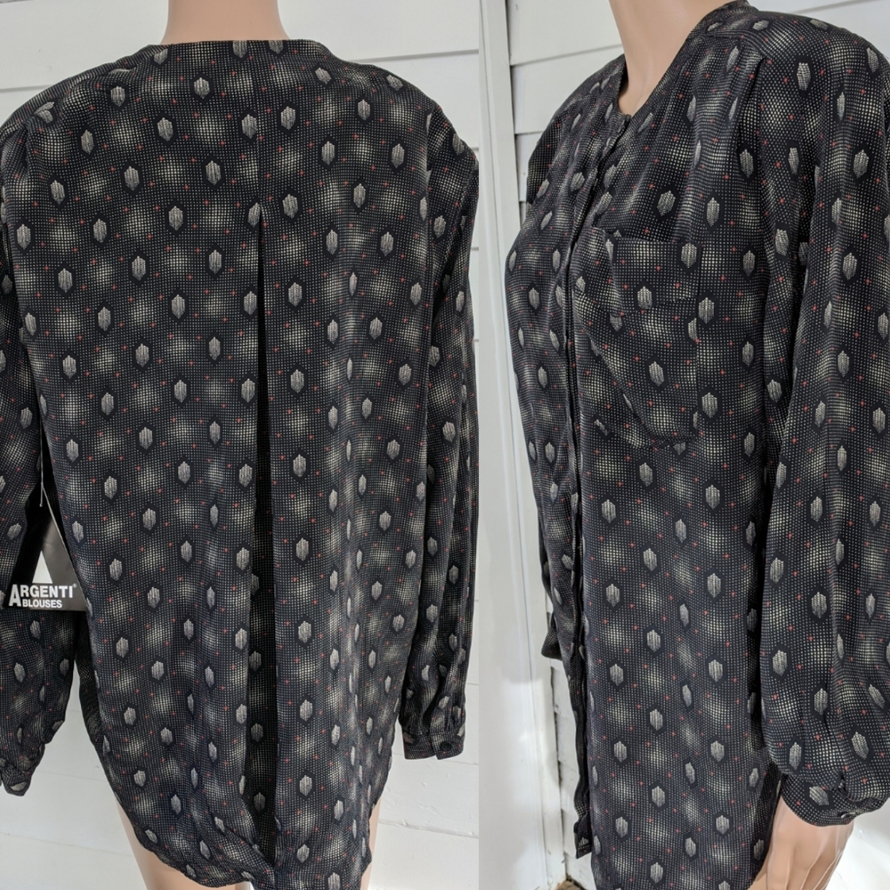 Argenti 80s Rayon Blouse Vintage Black Long Sleeve Top M 12 New with tag